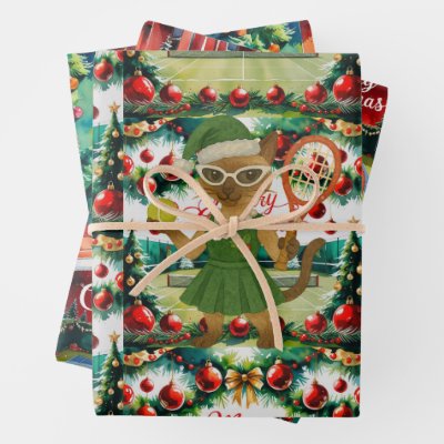Tennis Christmas themed for Cat Lovers Wrapping Paper Sheets