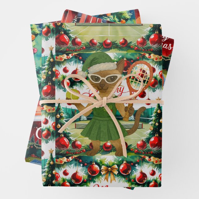 Tennis Christmas themed for Cat Lovers Wrapping Paper Sheets (In situ)