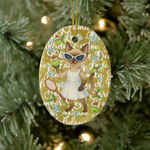 Tennis Christmas themed for player who loves cat Ceramic Ornament