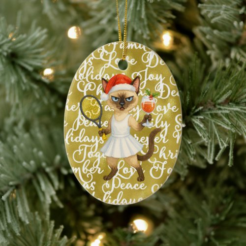 Tennis Christmas themed for player who loves cat Ceramic Ornament