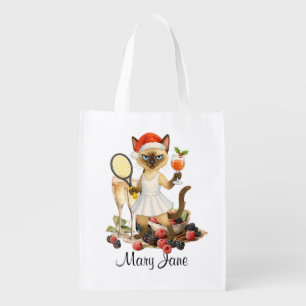 Tennis Christmas themed for player who loves cat Grocery Bag