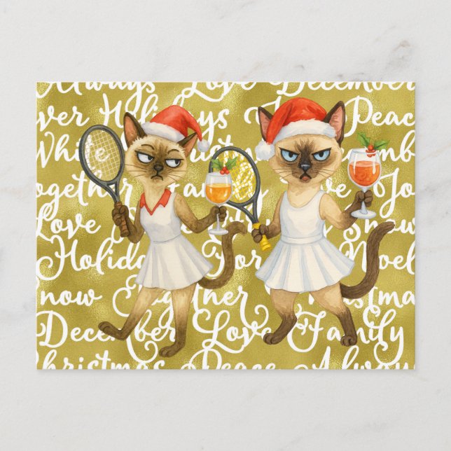 Tennis Christmas themed for player who loves cat Holiday Postcard (Front)