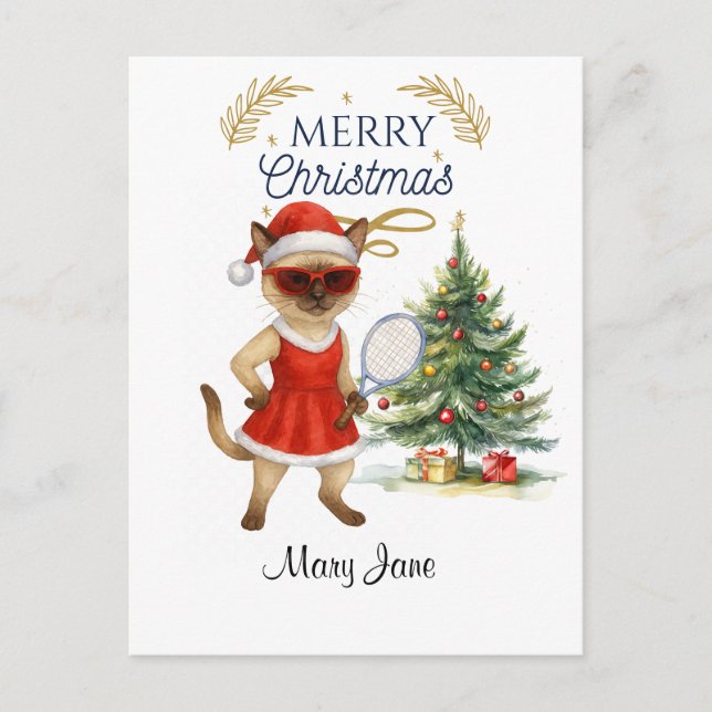 Tennis Christmas themed for player who loves cat  Holiday Postcard (Front)