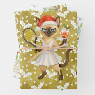 Tennis Christmas themed for player who loves cat Wrapping Paper Sheets