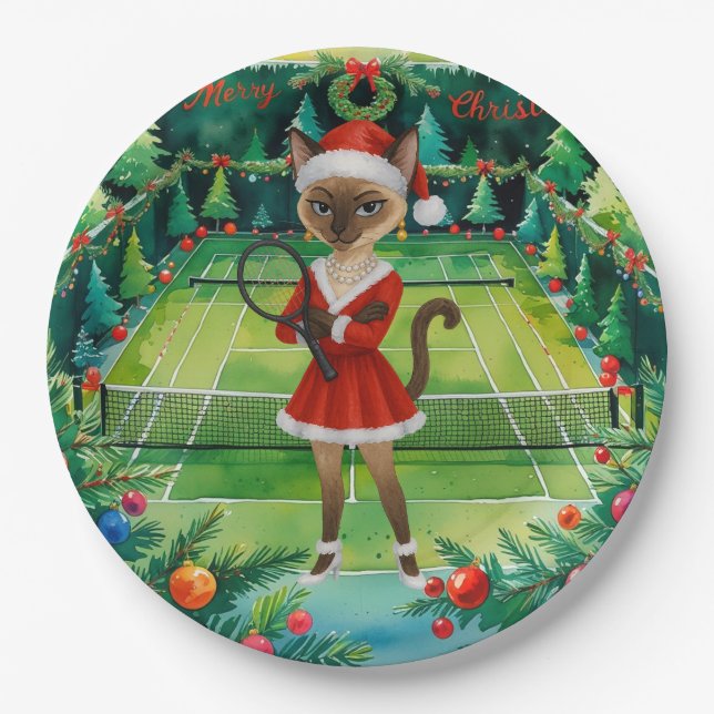Tennis Christmas themed for Siamese Cat Lovers  Paper Plates (Front)