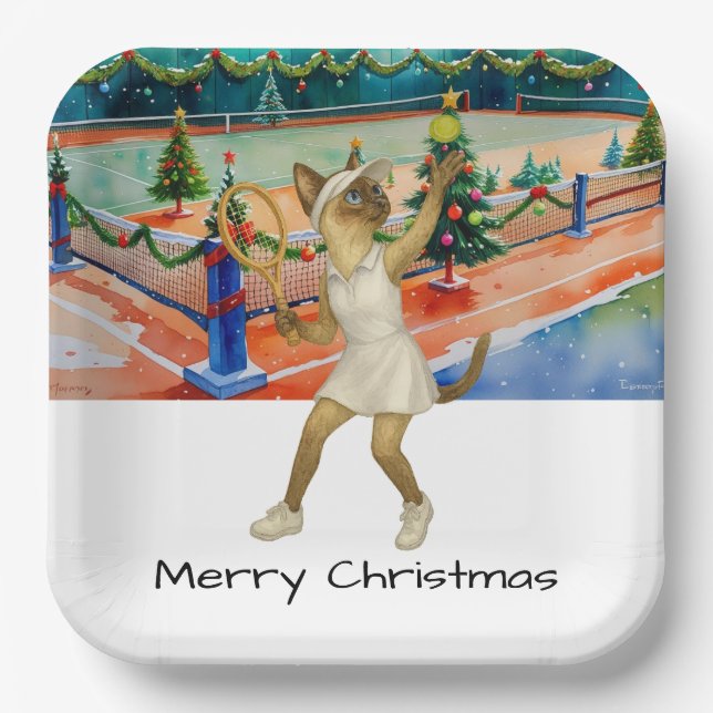 Tennis Christmas themed for Siamese Cat Lovers  Paper Plates (Front)