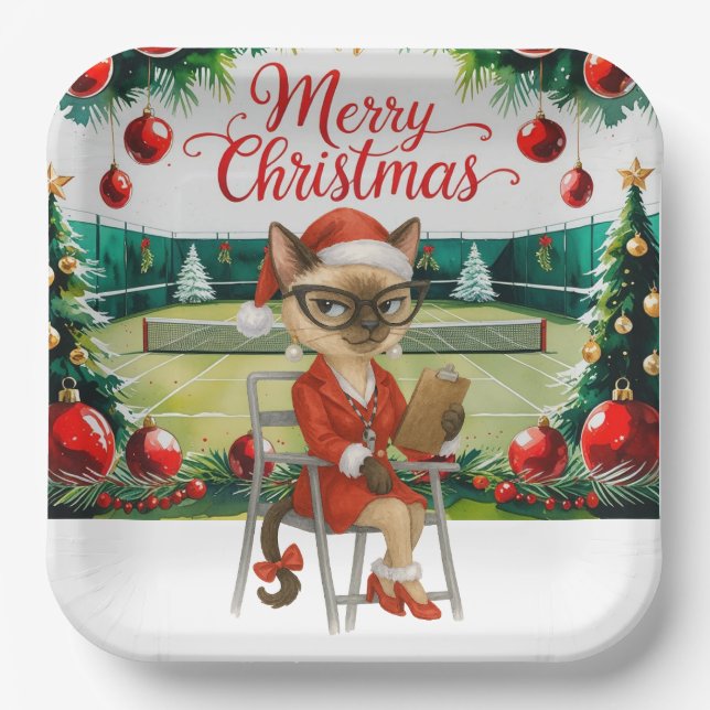 Tennis Christmas themed for Siamese Cat Lovers  Paper Plates (Front)