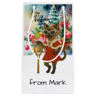 Tennis Christmas Themed for Siamese Cat Lovers Small Gift Bag