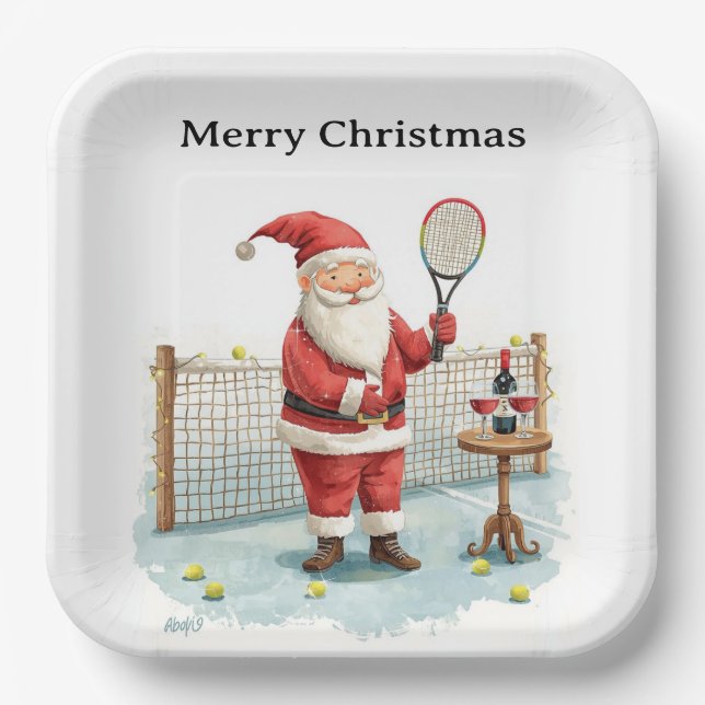 Tennis Christmas themed  SANTA  playing tennis Paper Plates (Front)