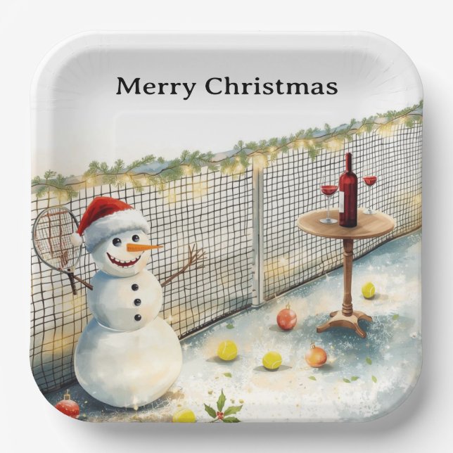 Tennis Christmas themed  Snowman playing tennis Paper Plates (Front)