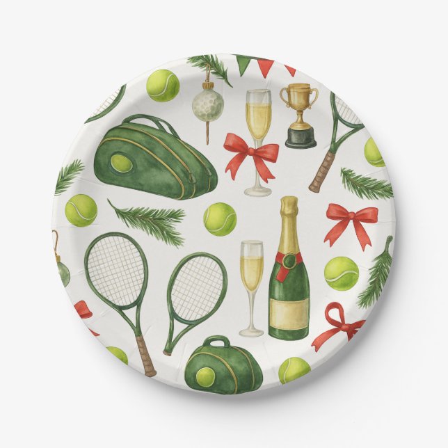 Tennis Christmas themed with Ball and racket  Paper Plates (Front)