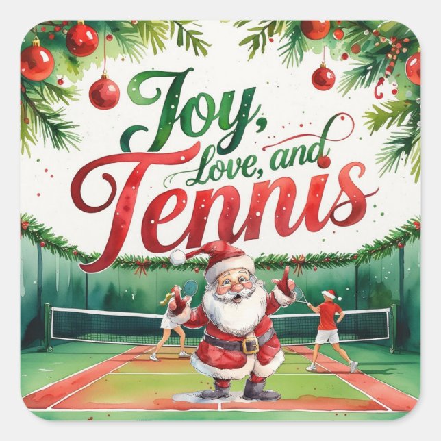 Tennis Christmas themed with Santa Claus on court Square Sticker (Front)