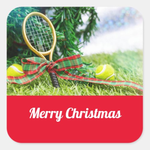 Tennis Christmas with ball and racket on tree Square Sticker