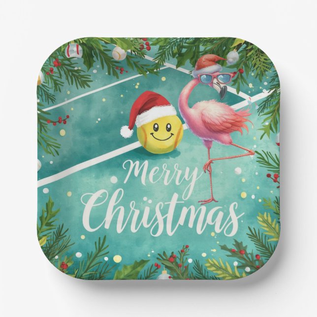 Tennis Christmas with Flamingo themed  Paper Plates (Front)