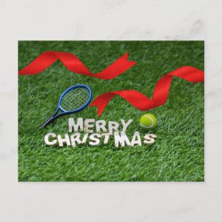 Tennis Christmas with racket and ball on green Postcard