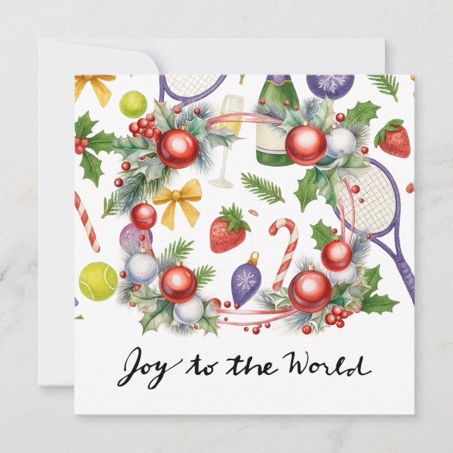Tennis Christmas with Racket and Christmas Wreath  Holiday Card (Front)