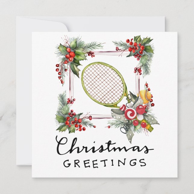 Tennis Christmas with Racket and Christmas Wreath  Holiday Card (Front)