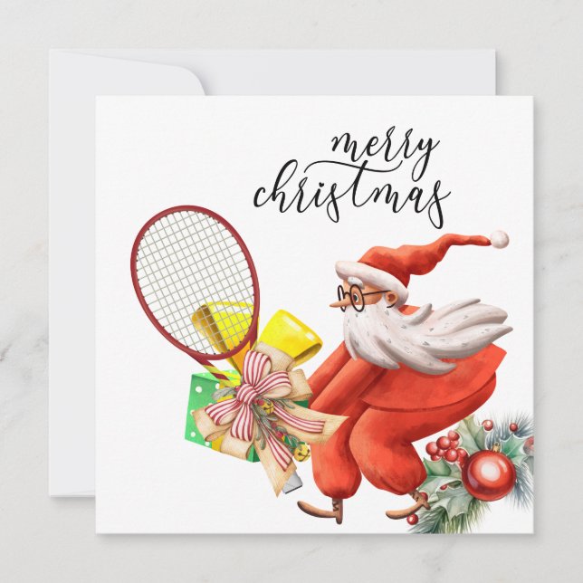Tennis Christmas with Racket and Christmas Wreath  Holiday Card (Front)