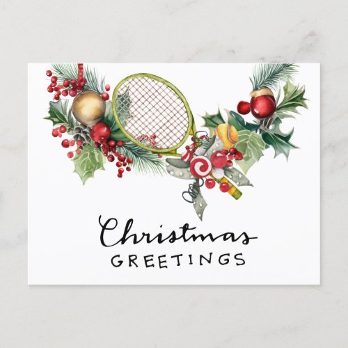 Tennis Christmas with Racket and Christmas Wreath  Holiday Postcard