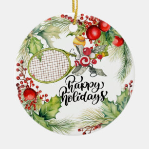 Tennis Christmas with Racket watercolor Ceramic Ornament
