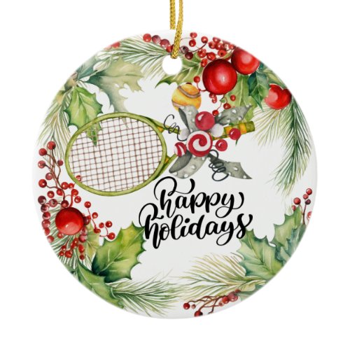 Tennis Christmas with Racket  watercolor Ceramic Ornament