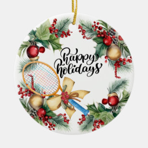 Tennis Christmas with Racket watercolor Ceramic Ornament