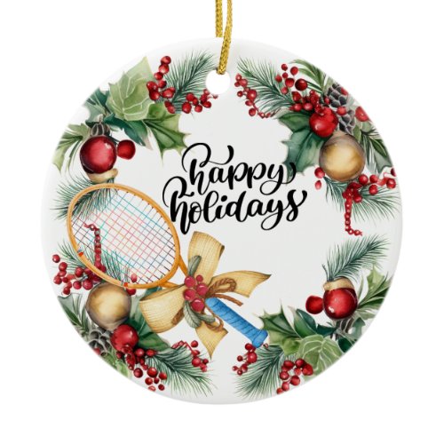 Tennis Christmas with Racket  watercolor Ceramic Ornament