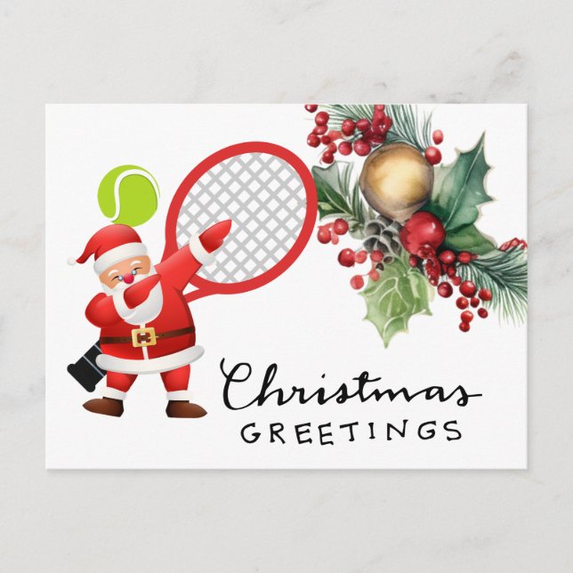Tennis Christmas with Racket  watercolor Holiday Postcard (Front)