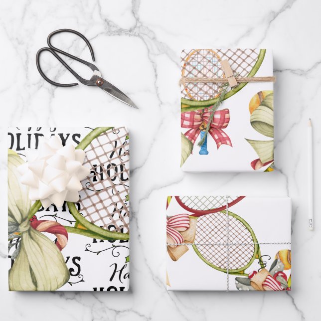Tennis Christmas with Racket  watercolor Wrapping Paper Sheets (Front)