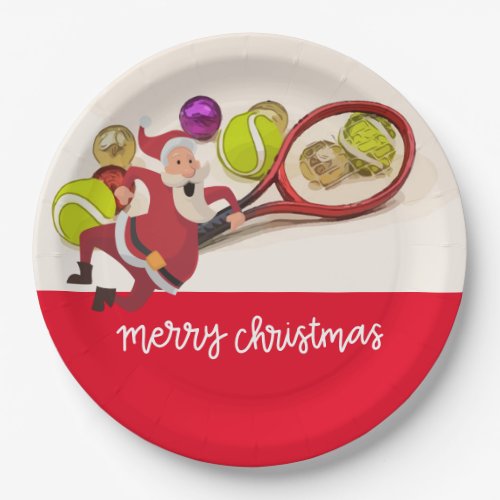 Tennis Christmas with Santa Claus Ball Racket Red  Paper Plates