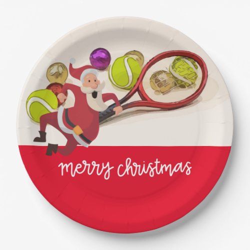 Tennis Christmas with Santa Claus Ball Racket Red  Paper Plates