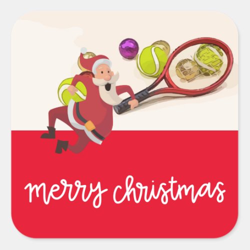 Tennis Christmas with Santa Claus Ball Racket Red  Square Sticker