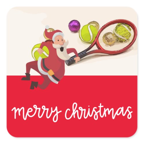 Tennis Christmas with Santa Claus Ball Racket Red  Square Sticker
