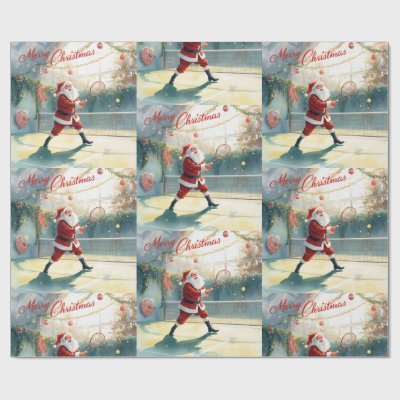 Tennis Christmas with Santa Claus serving on court Wrapping Paper