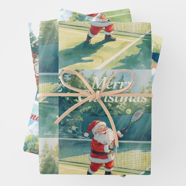 Tennis Christmas with Santa Claus serving on court Wrapping Paper Sheets (In situ)