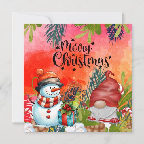 Tennis Christmas with Santa Claus Snowman Holiday Card