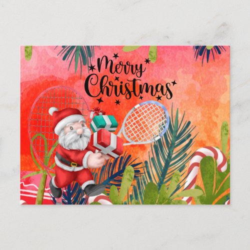 Tennis Christmas with Santa Claus Snowman Holiday Postcard