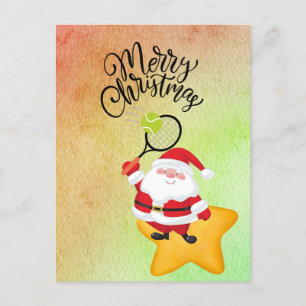 Tennis Christmas with Santa Claus watercolor Holiday Postcard