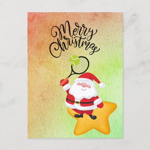 Tennis Christmas with Santa Claus  watercolor Holiday Postcard