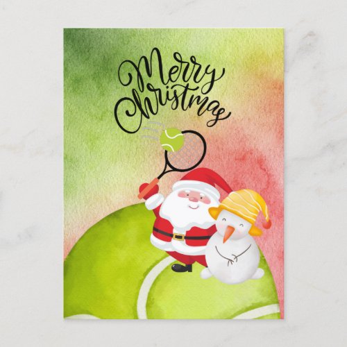 Tennis Christmas with Santa Claus watercolor  Holiday Postcard