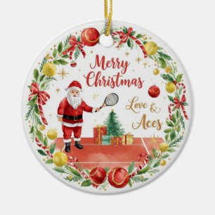 Tennis Christmas with Santa Claus with ball wreath Ceramic Ornament