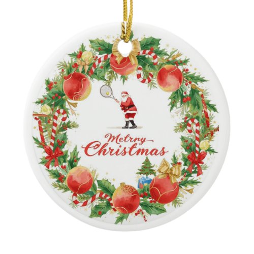 Tennis Christmas with Santa Claus with ball wreath Ceramic Ornament