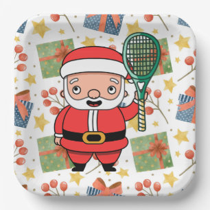 Tennis Christmas with Santa Claus with racket Paper Plates