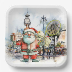Tennis Christmas with Santa Claus with racket Paper Plates