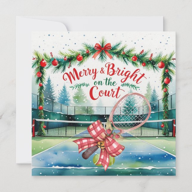 Tennis Christmas with tennis ball and racket Holiday Card (Front)