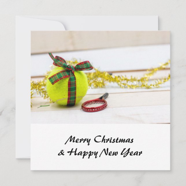 Tennis Christmas with tennis ball and racket Holiday Card (Front)