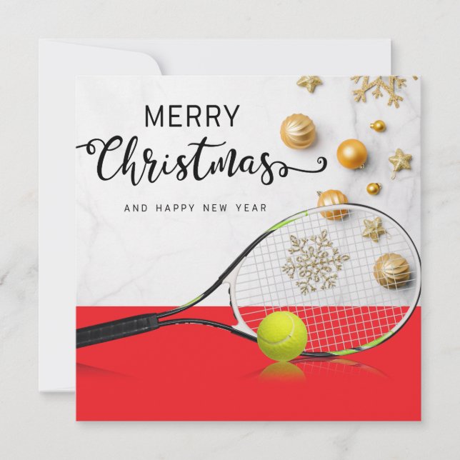 Tennis Christmas with tennis ball and racket Holiday Card (Front)