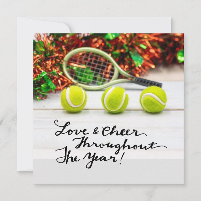Tennis Christmas with tennis ball and racket Holiday Card (Front)