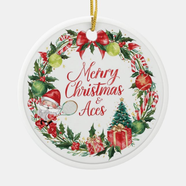 Tennis Christmas with tennis ball and Santa   Ceramic Ornament (Front)