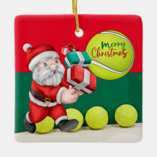 Tennis Christmas with tennis ball and Santa Claus Ceramic Ornament
